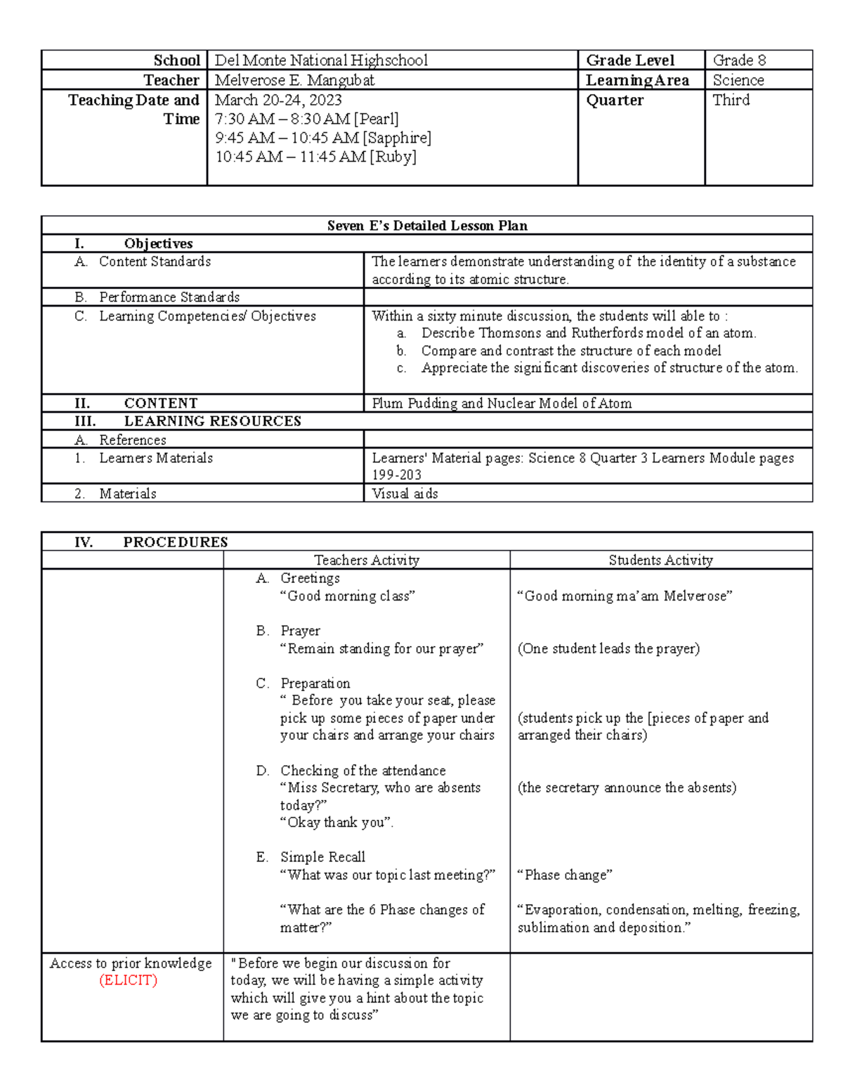 PLUM Pudding AND Nuclear Model Lesson PLAN - School Del Monte National ...