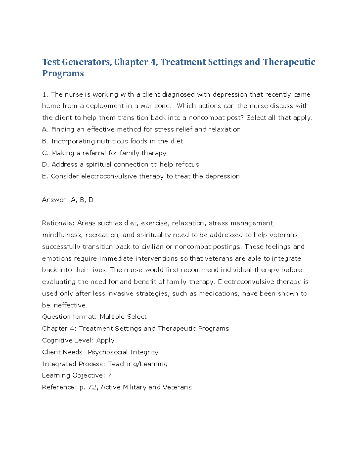 TG Chapter 04 - Test Bank - Test Generators, Chapter 4, Treatment ...