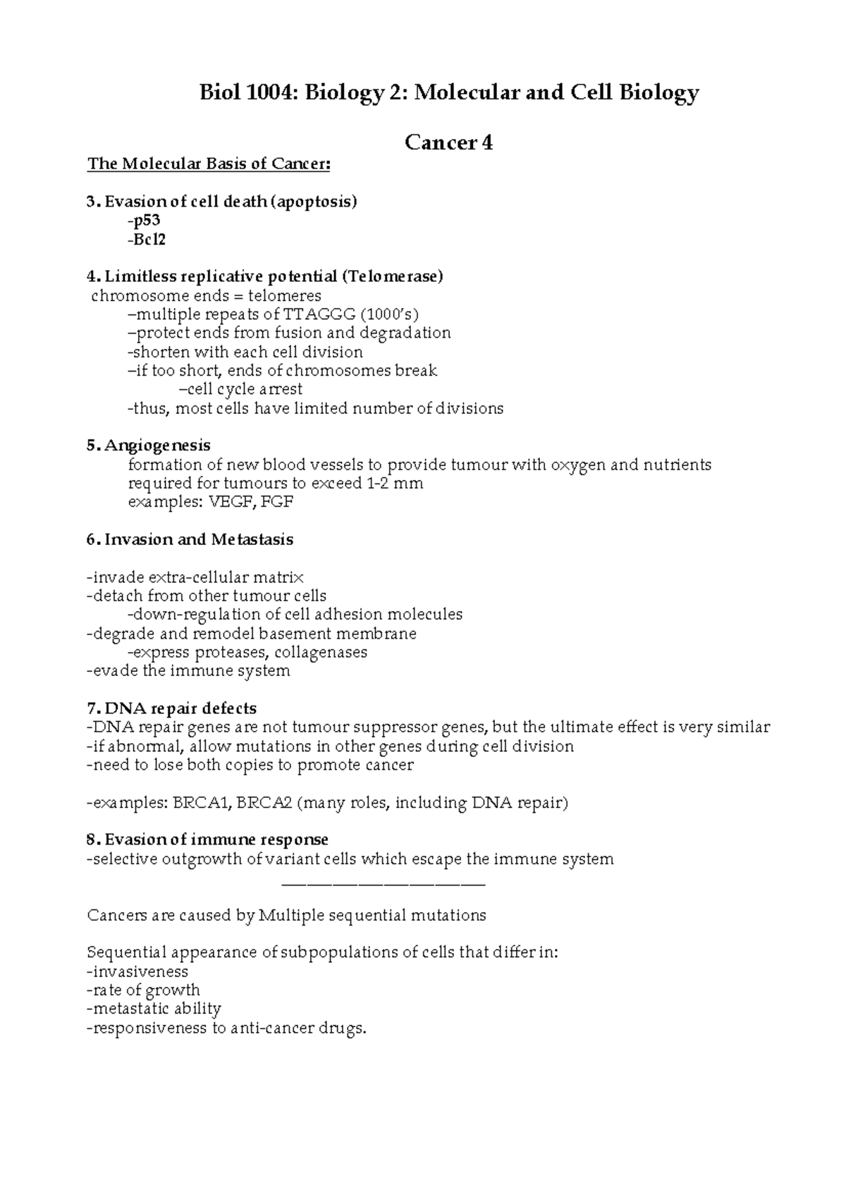 Cancer 4 2017 - Biol 1004: Biology 2: Molecular and Cell Biology The ...