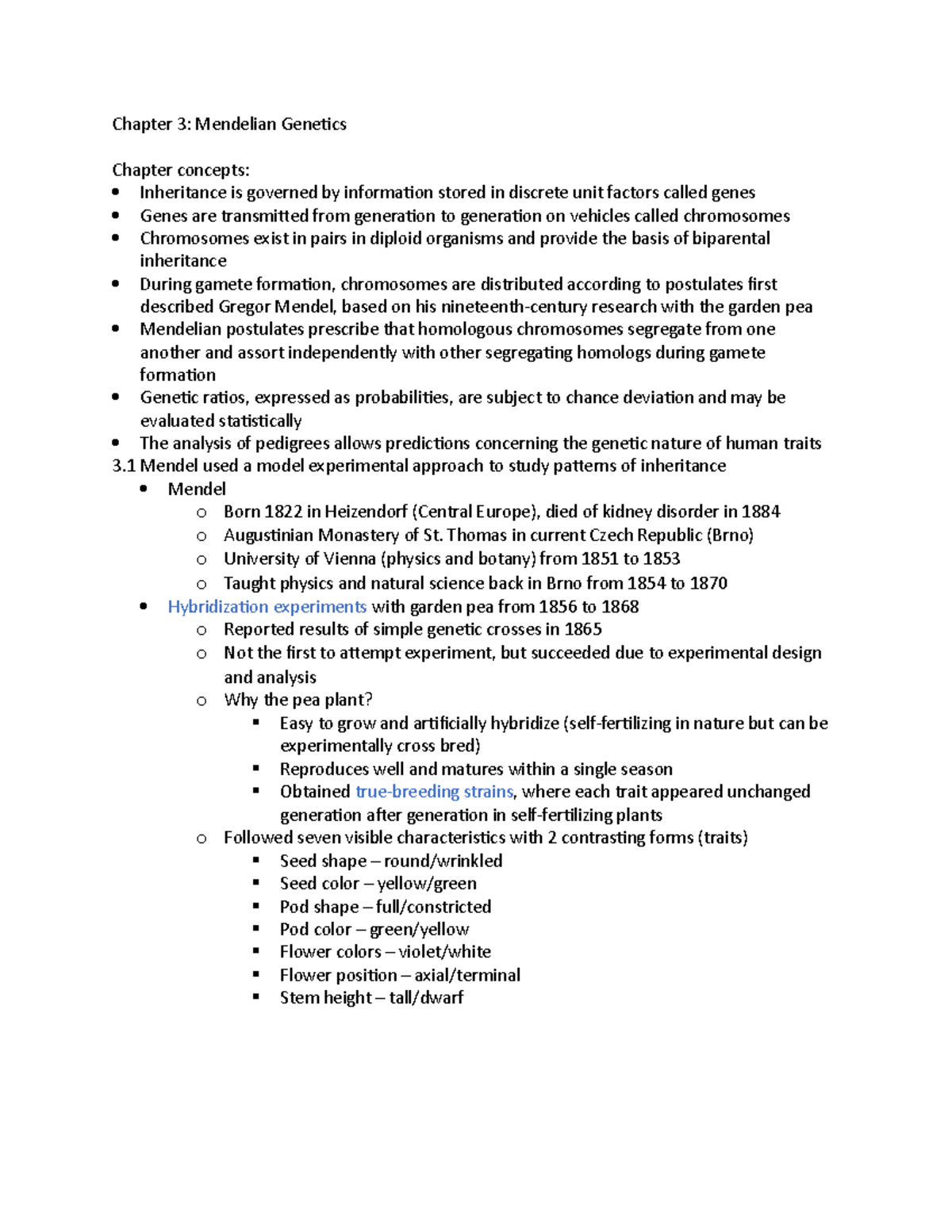 2600 Chapter 3 Notes - Chapter 3: Mendelian Genetics Chapter concepts ...