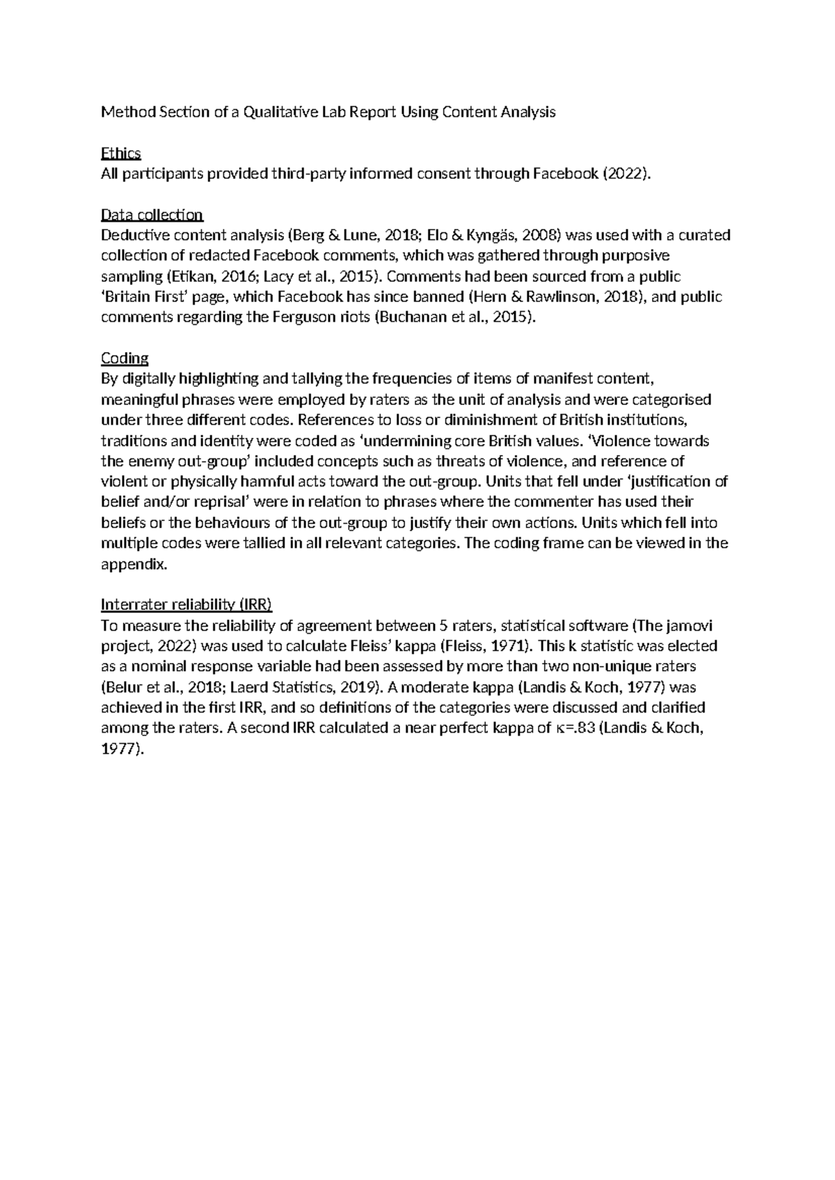Method Section of a Qualitative Lab Report Using Content Analysis