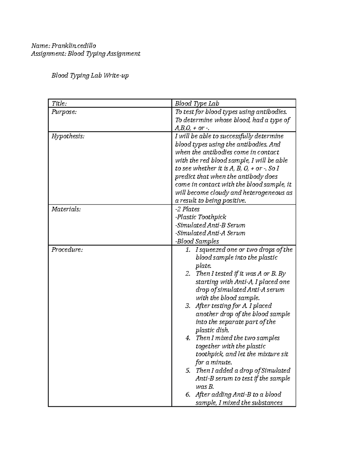 Blood Typing, Edgenuity Lab 2021 Name Franklin Assignment Blood