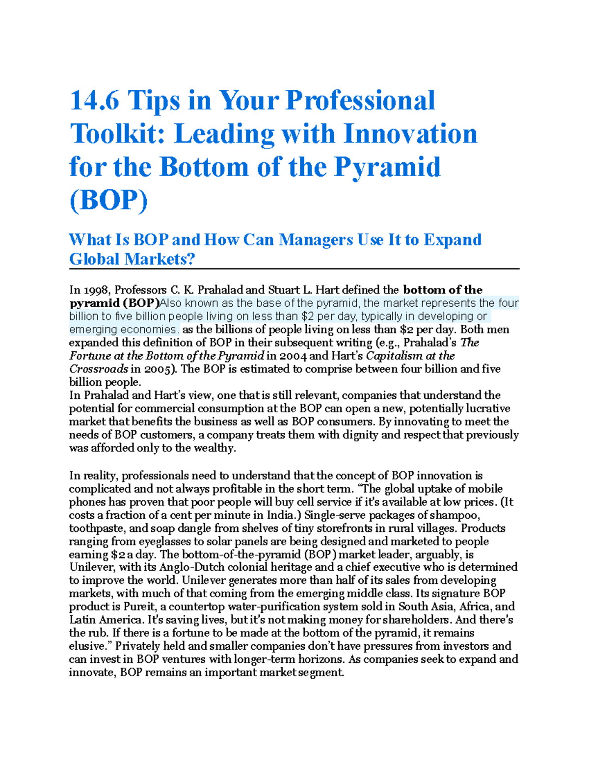 14.6 Leading with Innovation for the Bottom of the Pyramid - 14 Tips in ...