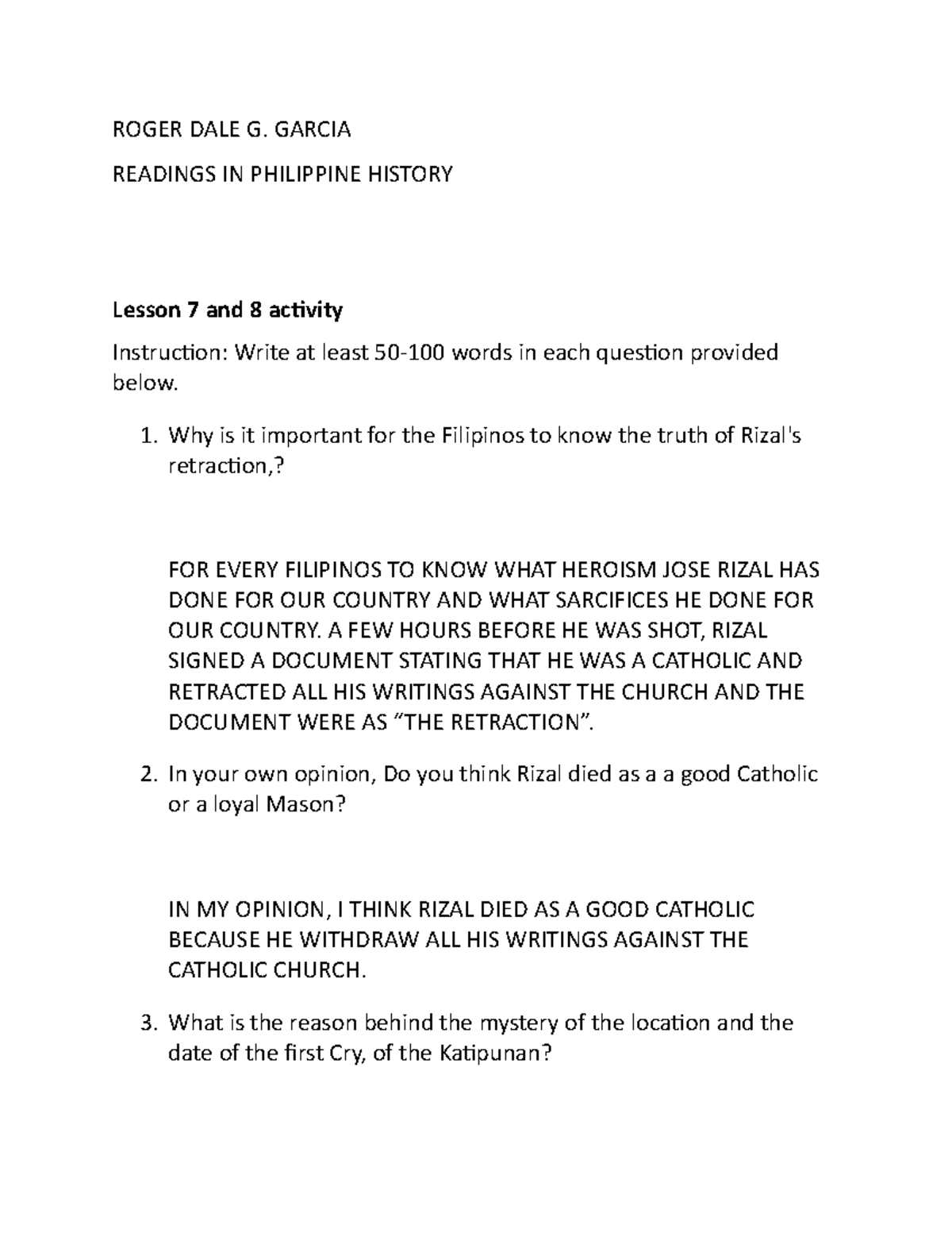 Lesson 7 AND 8 - SAAAAAA - ROGER DALE G. GARCIA READINGS IN PHILIPPINE ...