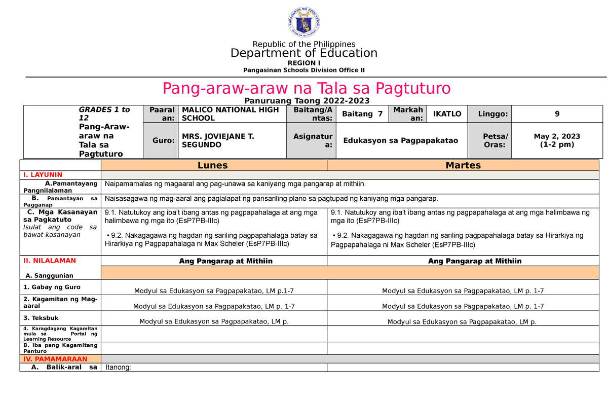 Es P 7 Final Q4-1 - Lesson Plan - Republic Of The Philippines ...