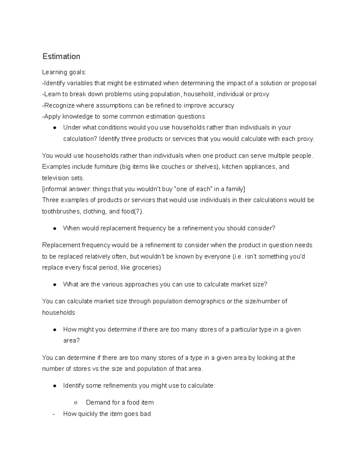 Bu111 Answer Bank Final - Estimation Learning Goals: -Identify ...