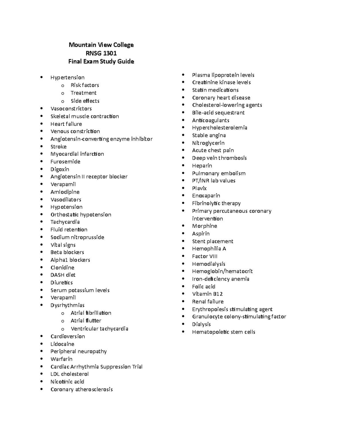 RNSG 1301 - Final Exam Study Guide - Mountain View College RNSG 1301 ...