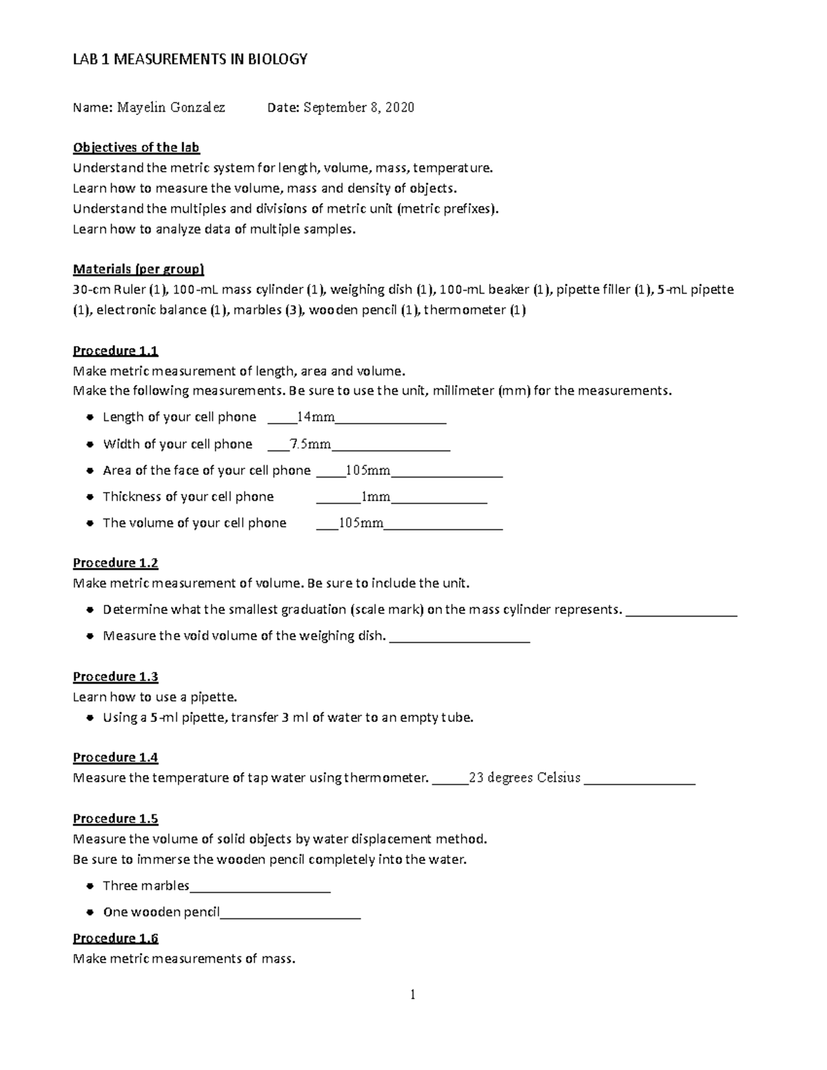LAB 1 Measurements in Biology LAB 1 MEASUREMENTS IN BIOLOGY Name