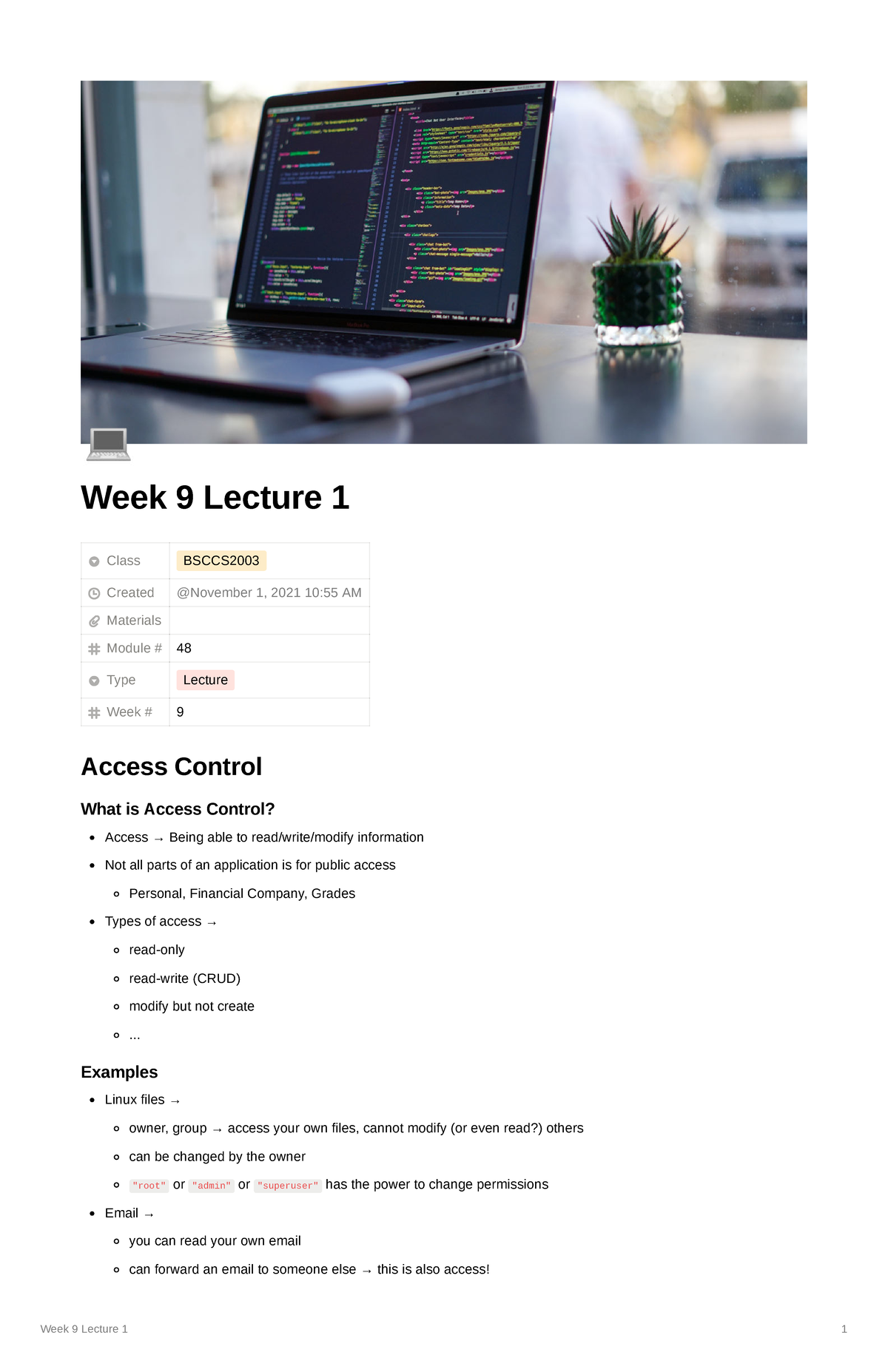 Week 9 Lecture 1 - Week 9 Lecture 1 1 ̈ Week 9 Lecture 1 Class BSCCS ...