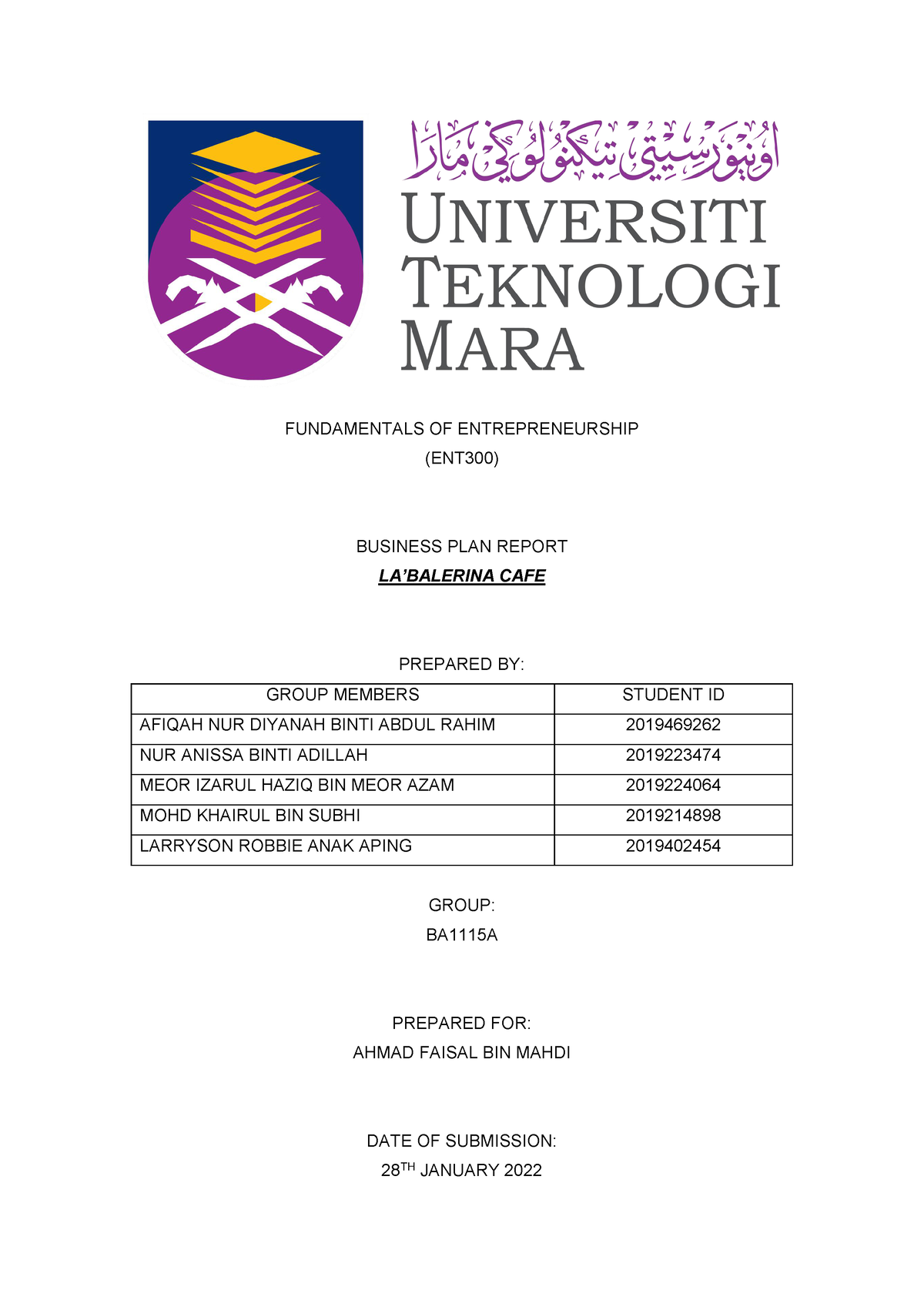 ent 300 business plan cafe