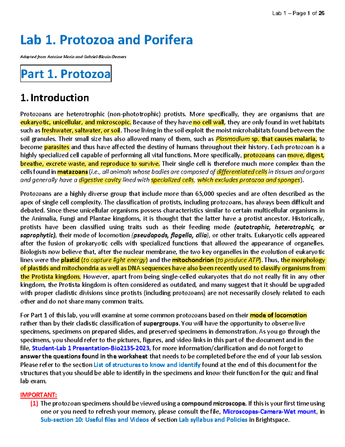 Lab 1-Protozoa And Porifera-2023-b - Lab 1. Protozoa And Porifera ...