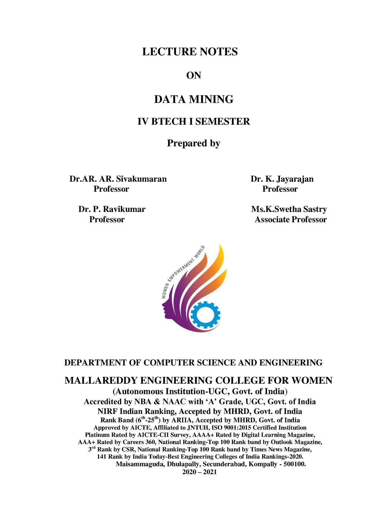 DATA Mining Digital Notes - LECTURE NOTES ON DATA MINING IV BTECH I ...