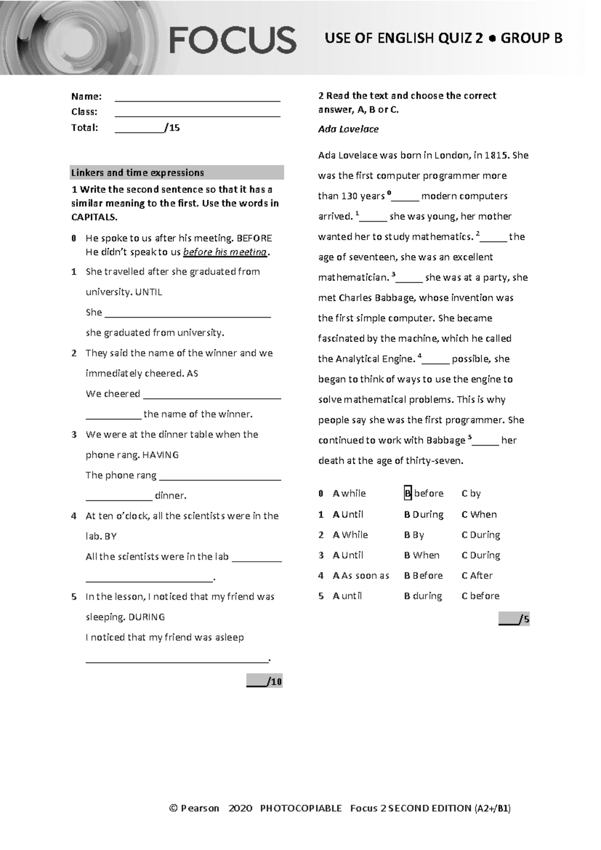 Focus 2 2E Uo E Quiz Unit2 Group B - © Pearson 2020 PHOTOCOPIABLE Focus ...