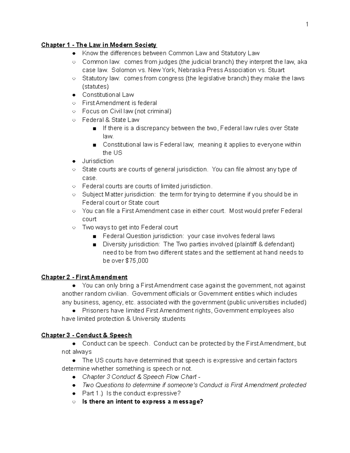 JMM 303 Notes Chapter 1 The Law in Modern Society Know the