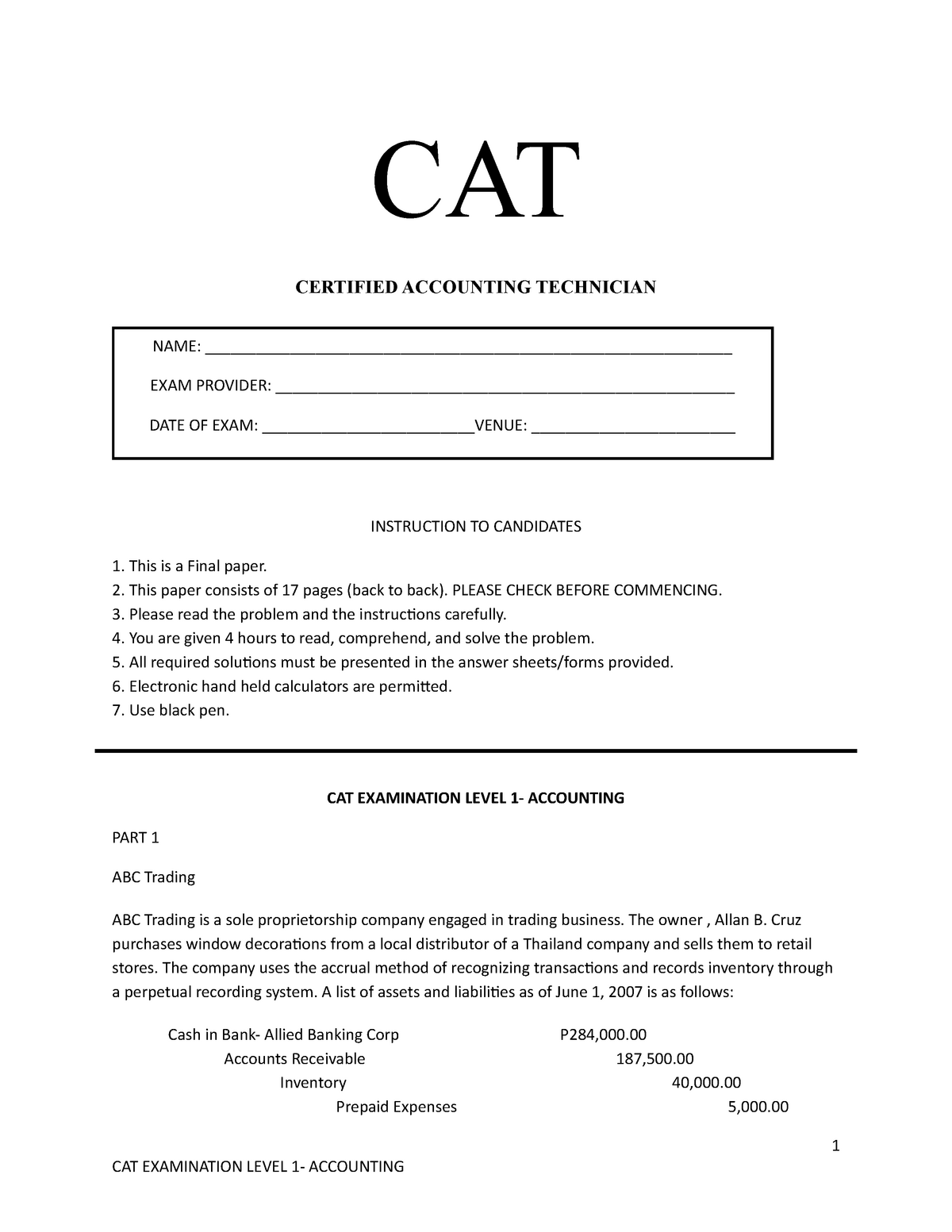 CAT exam 5 cat exam CAT CERTIFIED ACCOUNTING TECHNICIAN INSTRUCTION