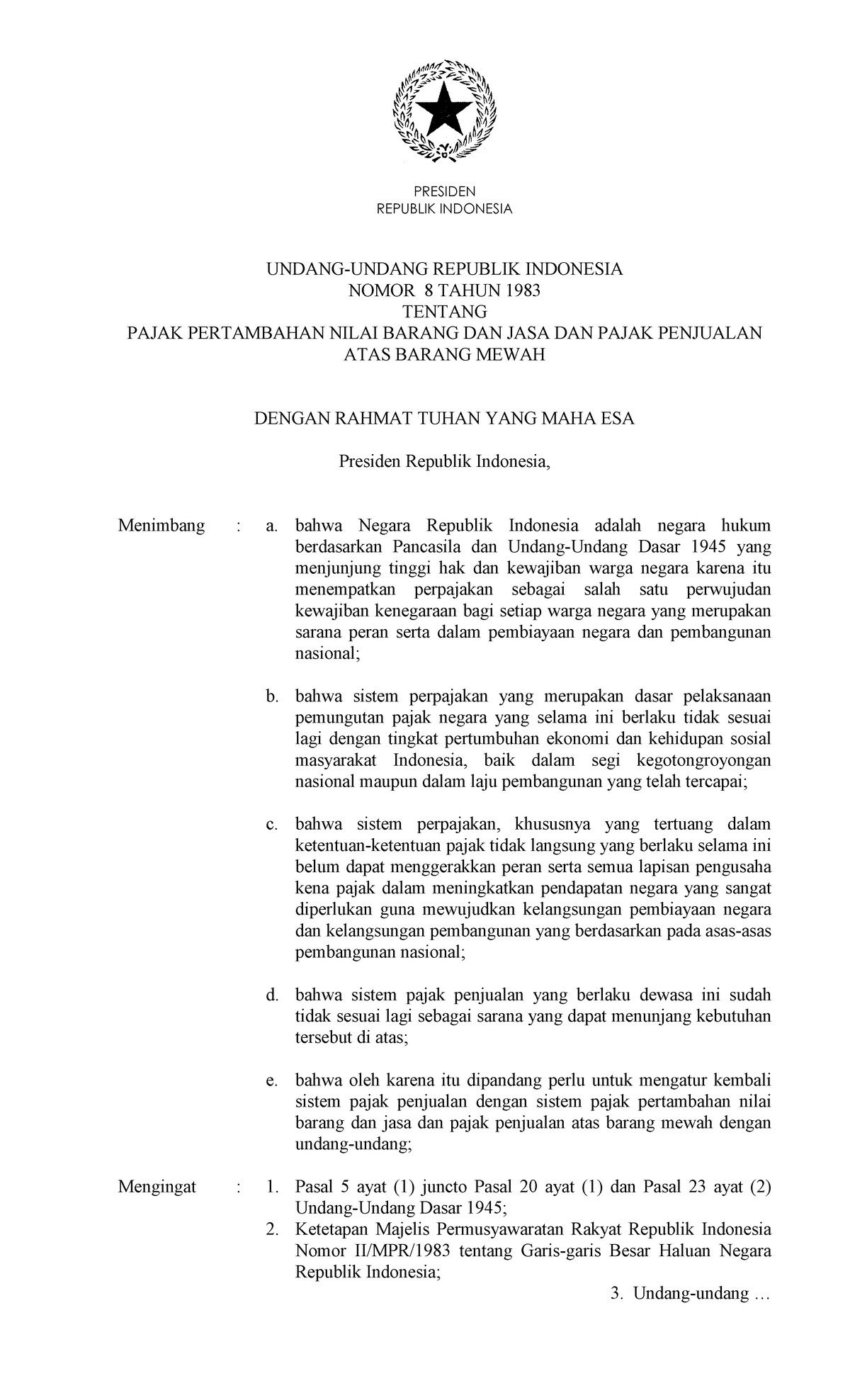 UU Nomor 8 Tahun 1983 - Pajak Pertambahan Nilai Barang Dan Jasa Dan ...