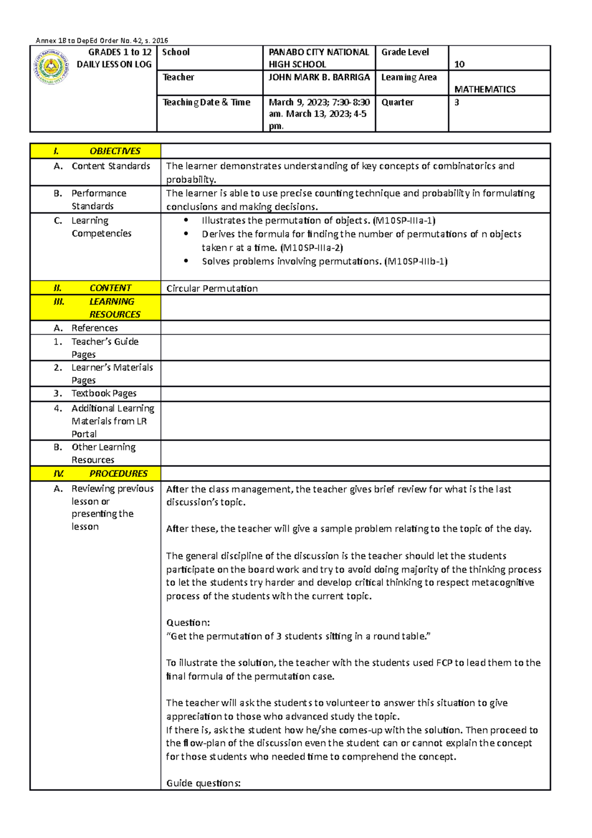 Barriga CIrcular Permutation Lesson Plan - Annex 1B to DepEd Order No ...