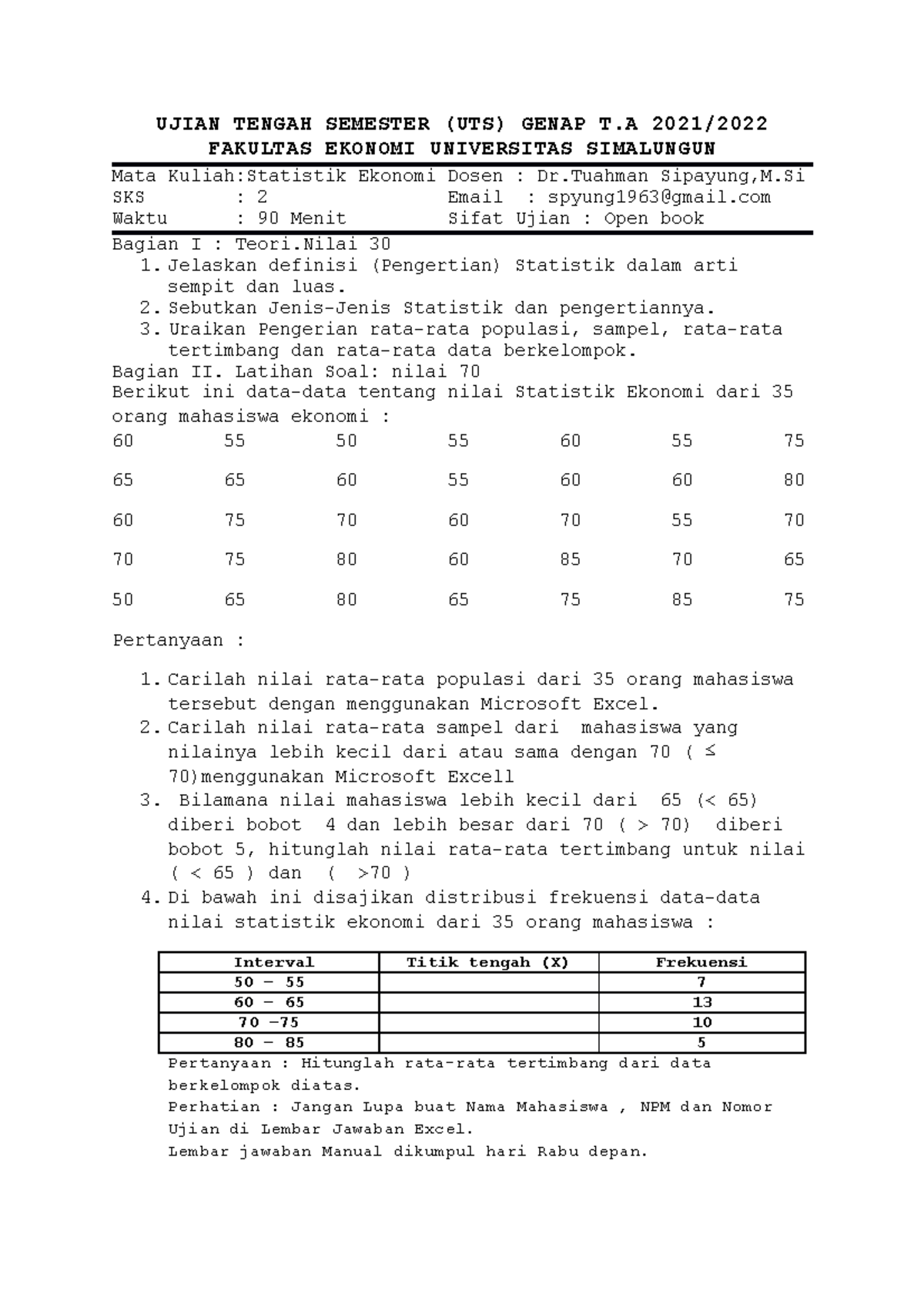 Soal Ujian Uts Statistika Ekonomi Ujian Tengah Semester Uts