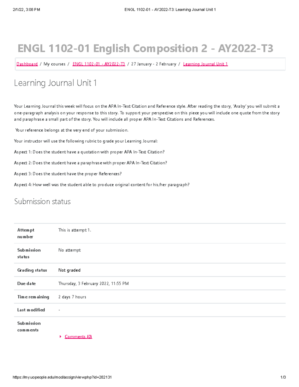 ENGL 1102-01 - AY2022-T3 Learning Journal Unit 1 - Uopeople/mod/assign ...