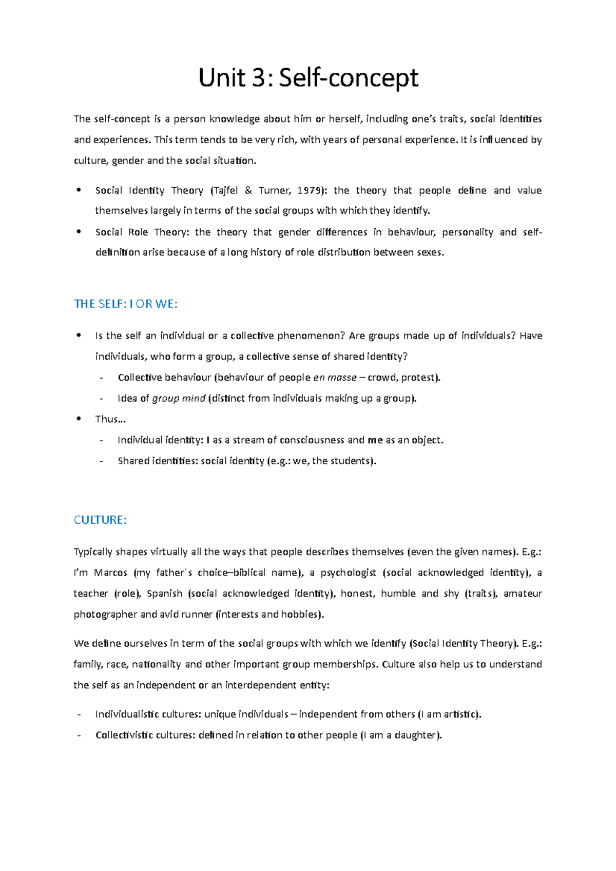 Unit 3 Bachelor Degree Psychology Unit 3 Self concept The Self
