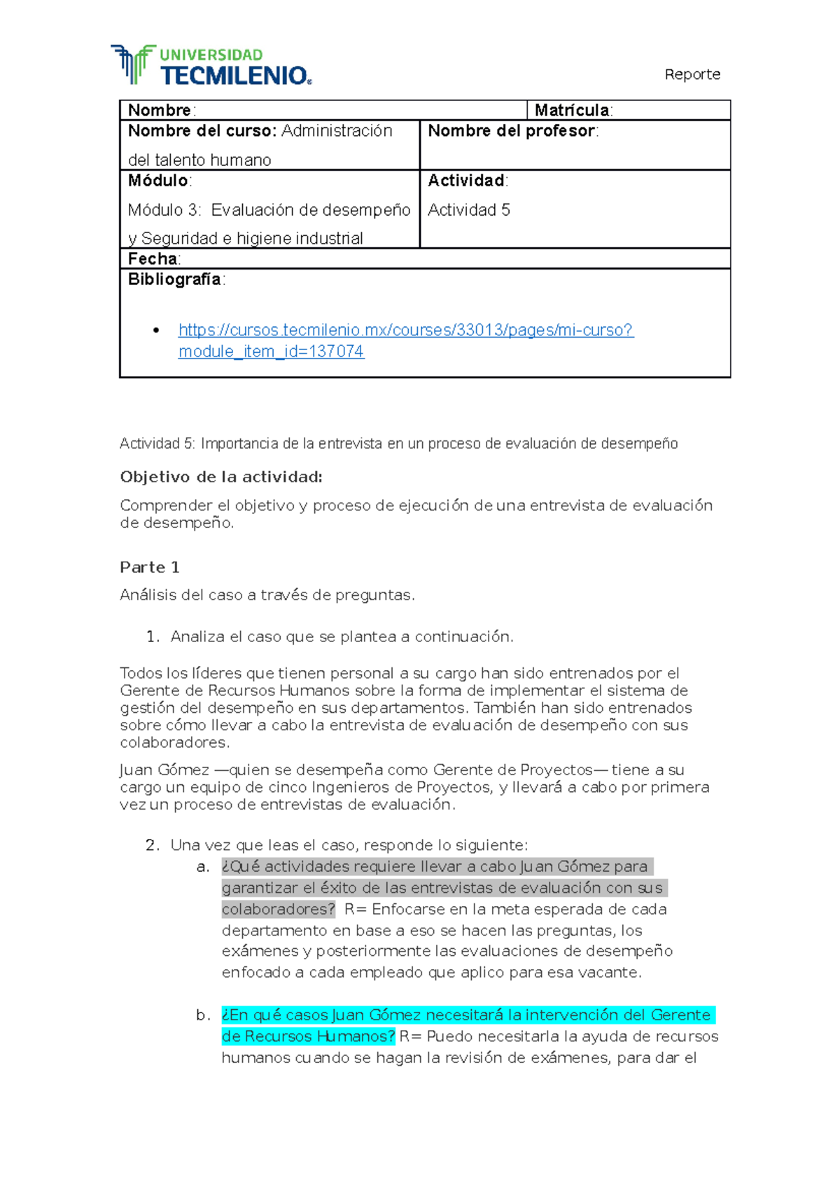 Actividad 5 RH - Nombre: Matrícula: Nombre del curso: Administración ...