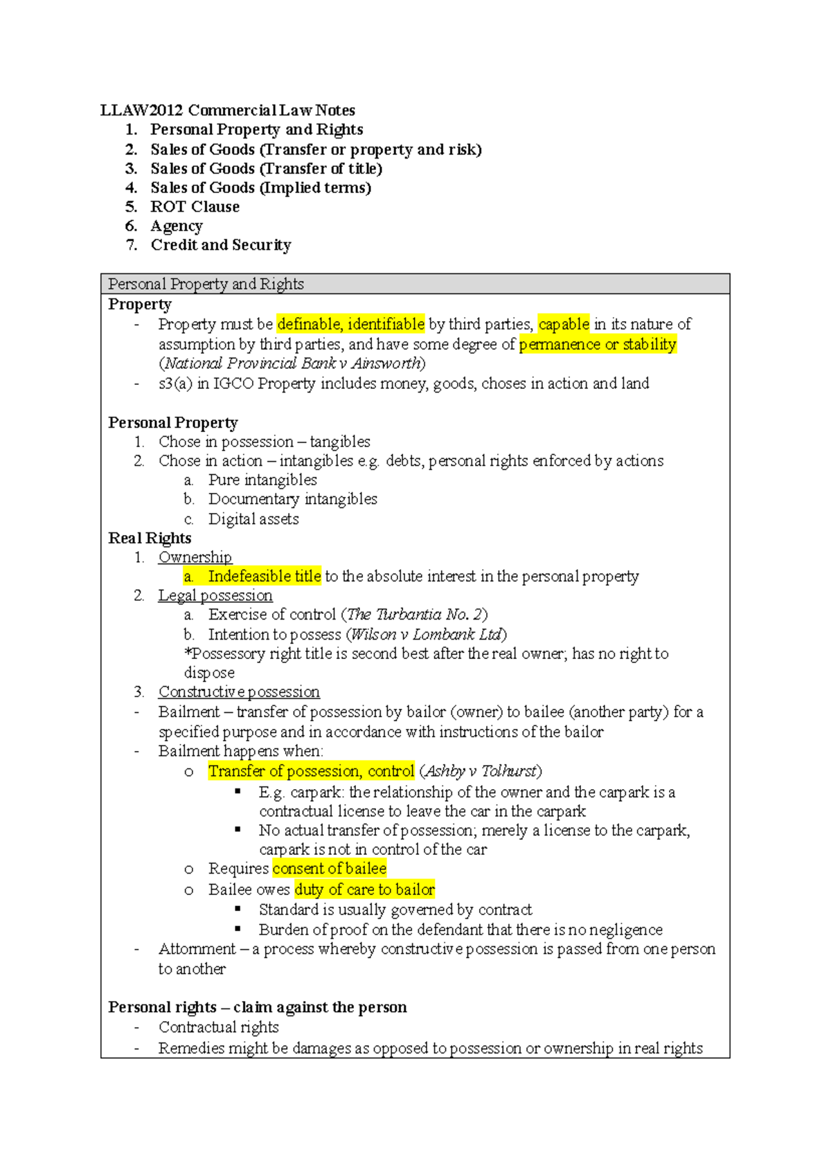 LLAW2012 Commercial Law Notes - Personal Property and Rights 2. Sales ...