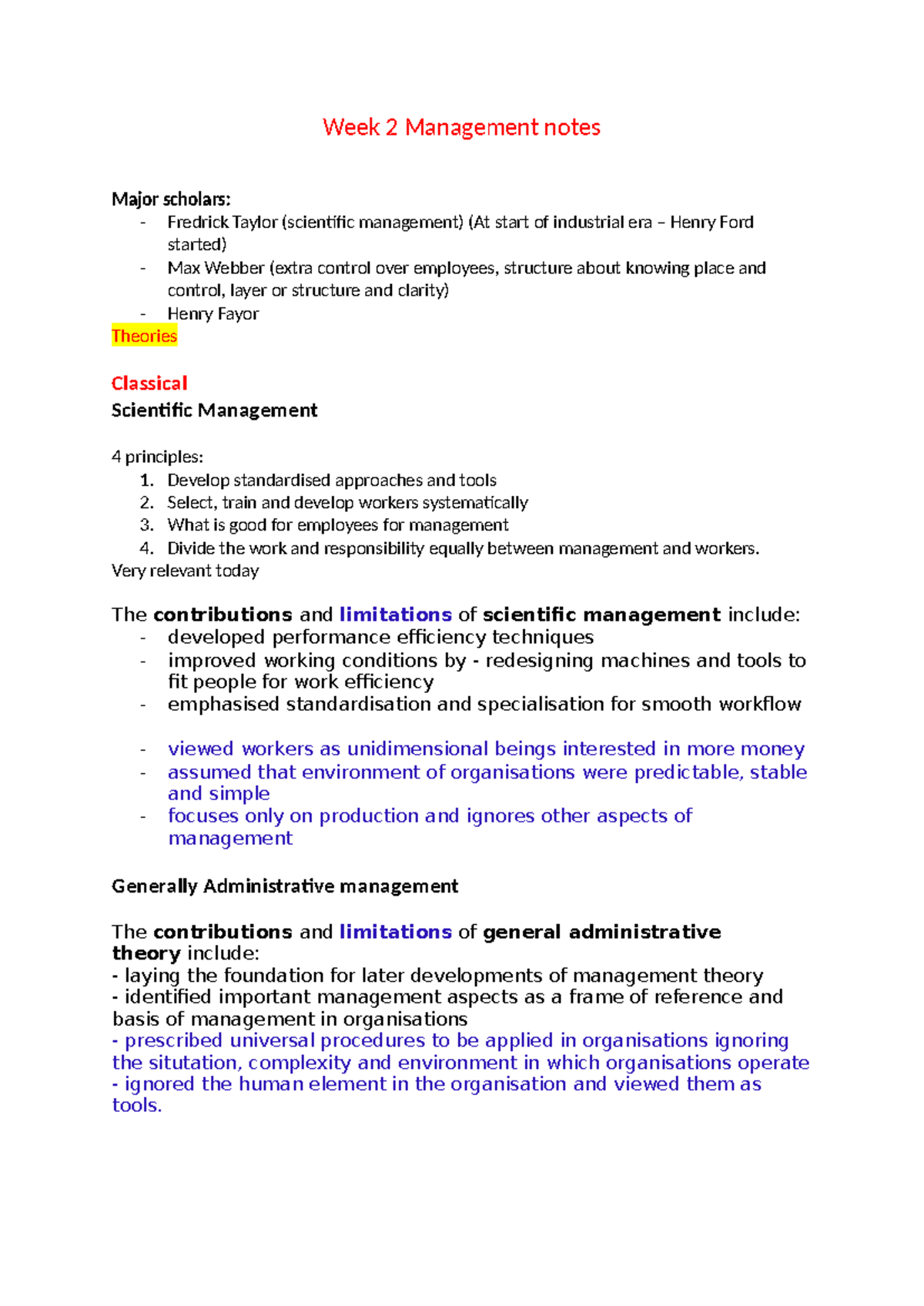 Week 2 Management notes - Week 2 Management notes Major scholars ...
