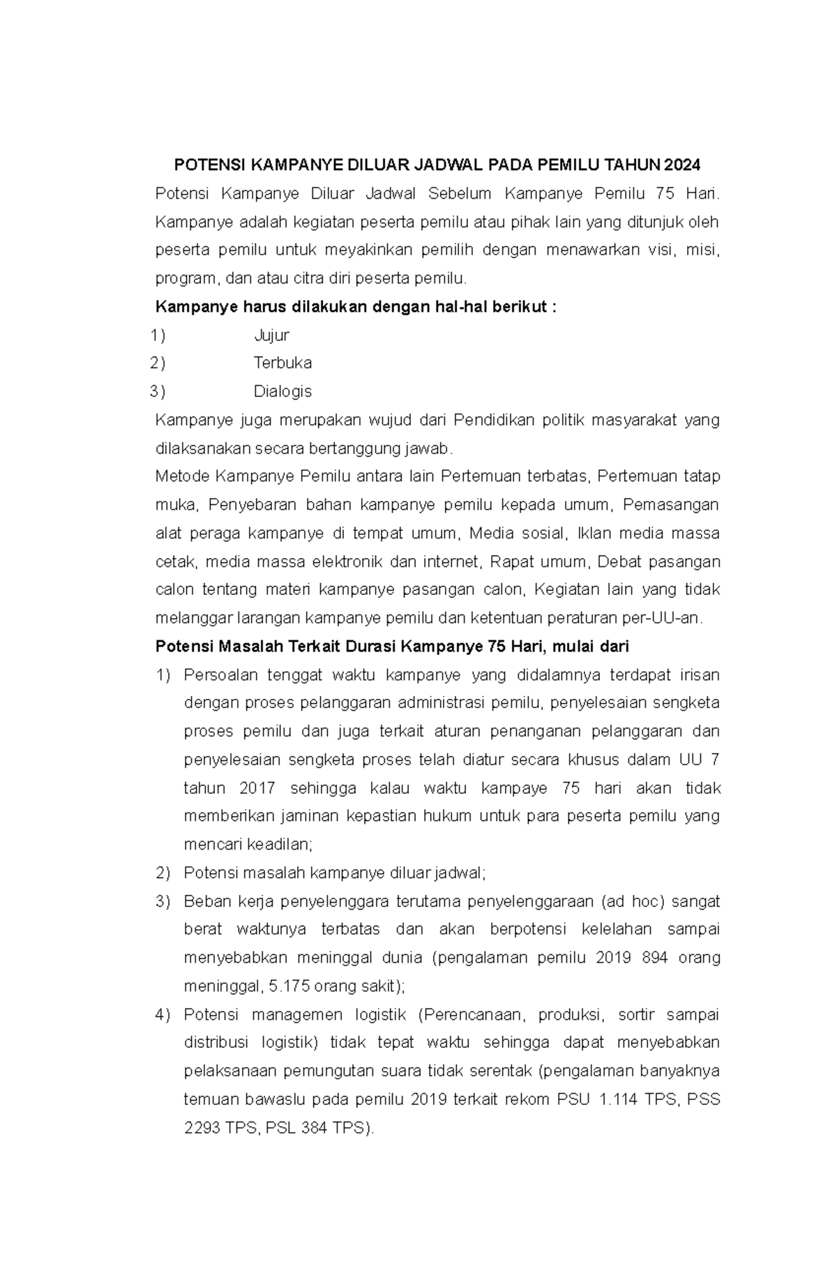 Potensi Kampanye Diluar Jadwal PADA Pemilu Tahun 2024 - POTENSI ...