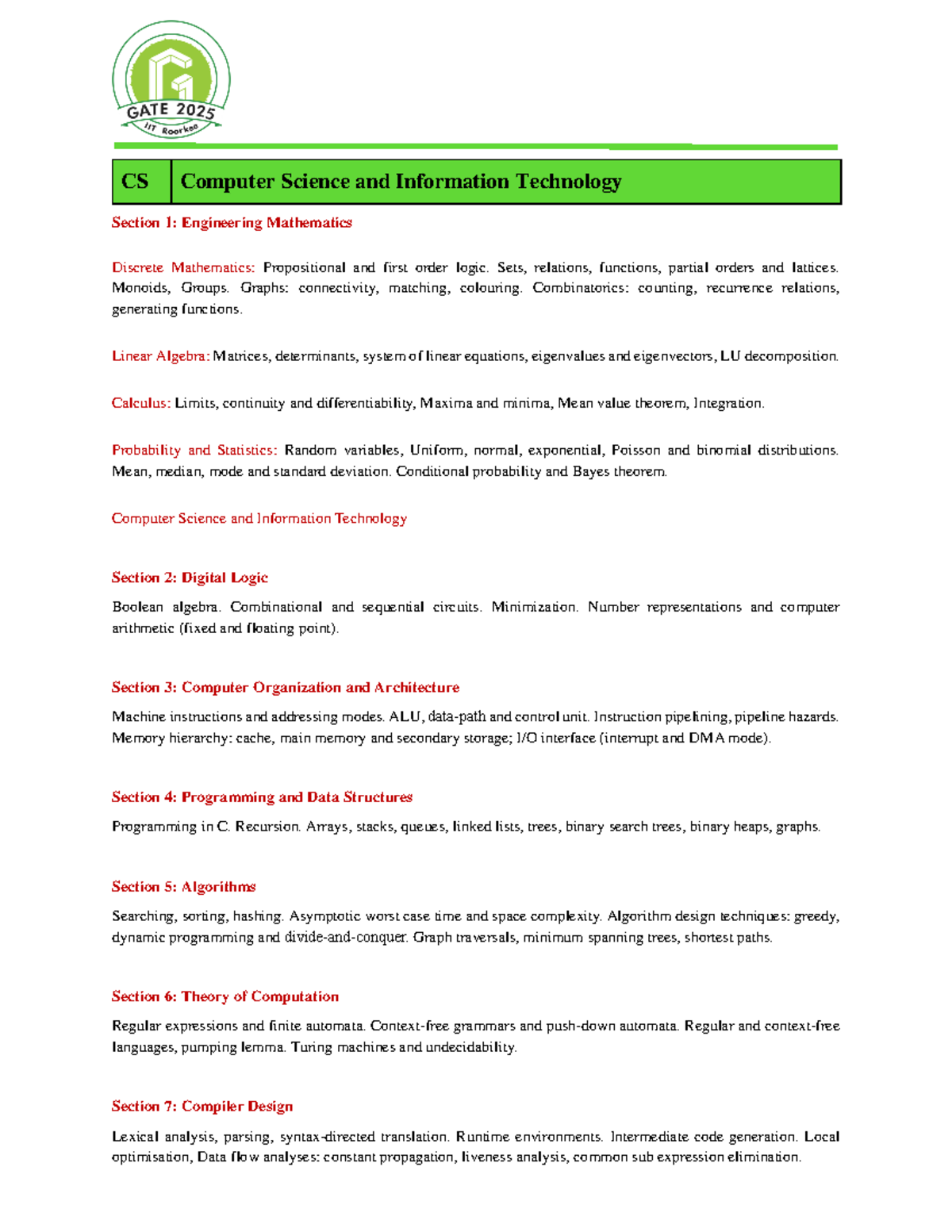 GATE- CS 2025 Syllabus - CS Computer Science and Information Technology ...