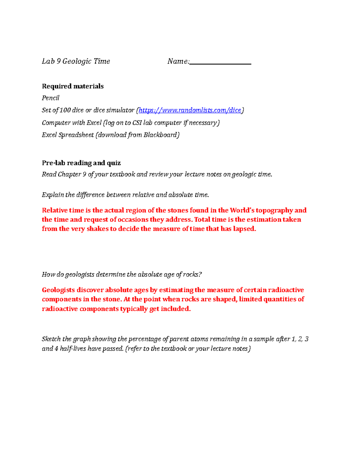 Lab 9 - Geologic Time - Notes On Lab 9 - Lab 9 Geologic Time Name ...