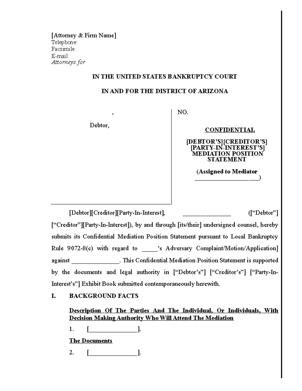 Confidential Mediation Position Statement Bankruptcy Court Template