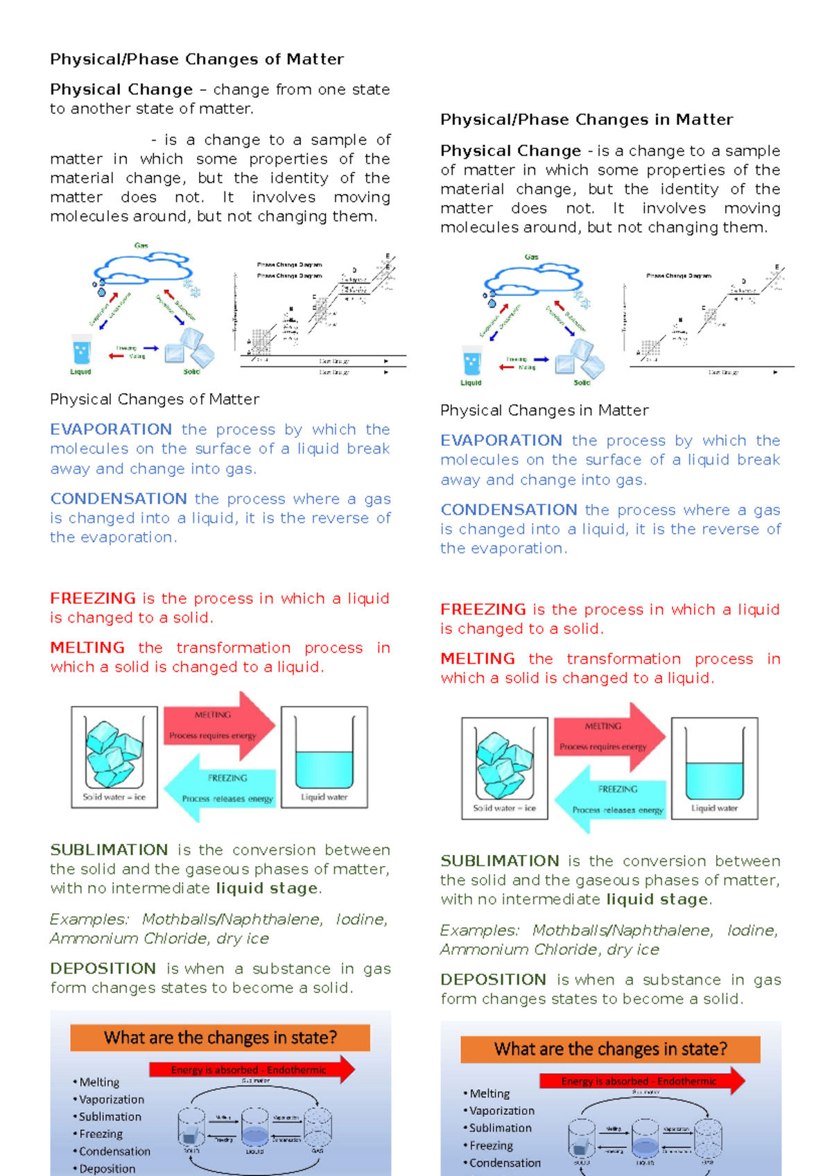Summarized handout in Physical Changes in Matter - Physical/Phase ...