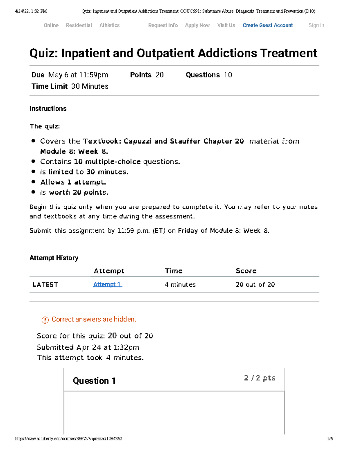 Quiz 20:20 Inpatient And Outpatient Addictions Treatment COUC691 ...