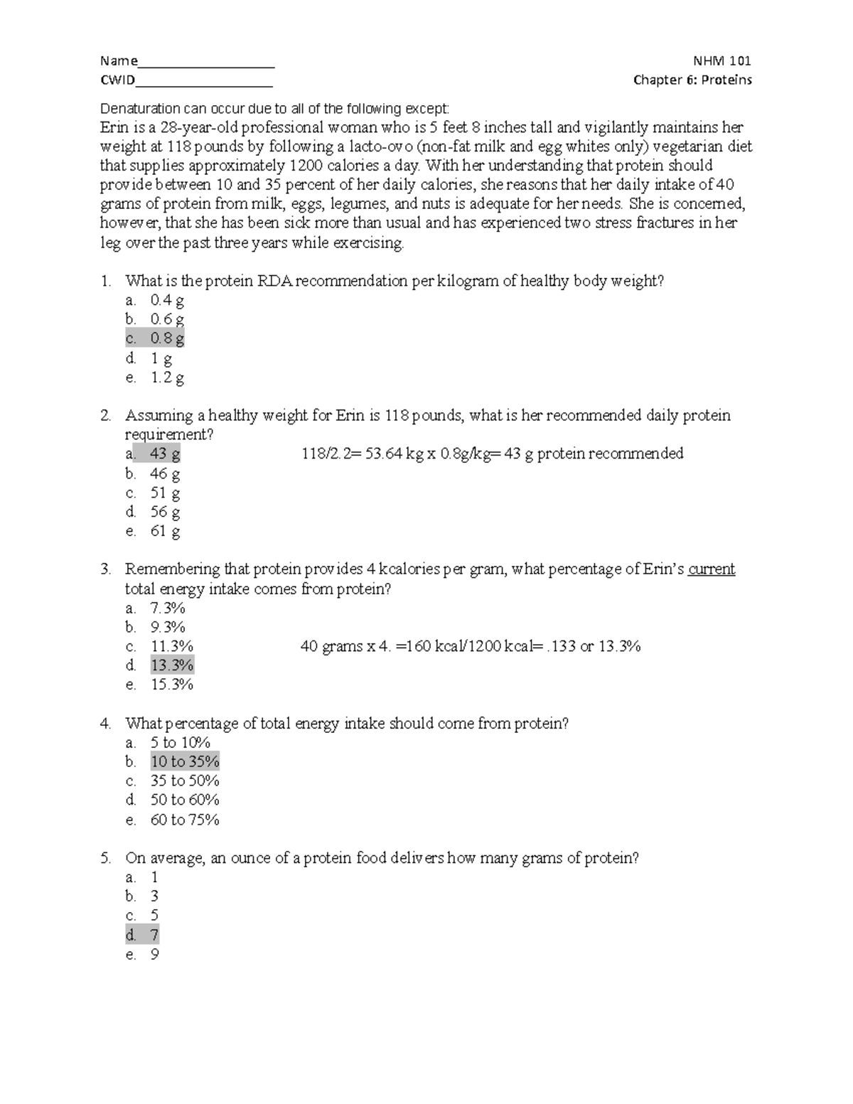 Chapter 6 Protein case study KEY - Name__________________ NHM 101 CWID ...