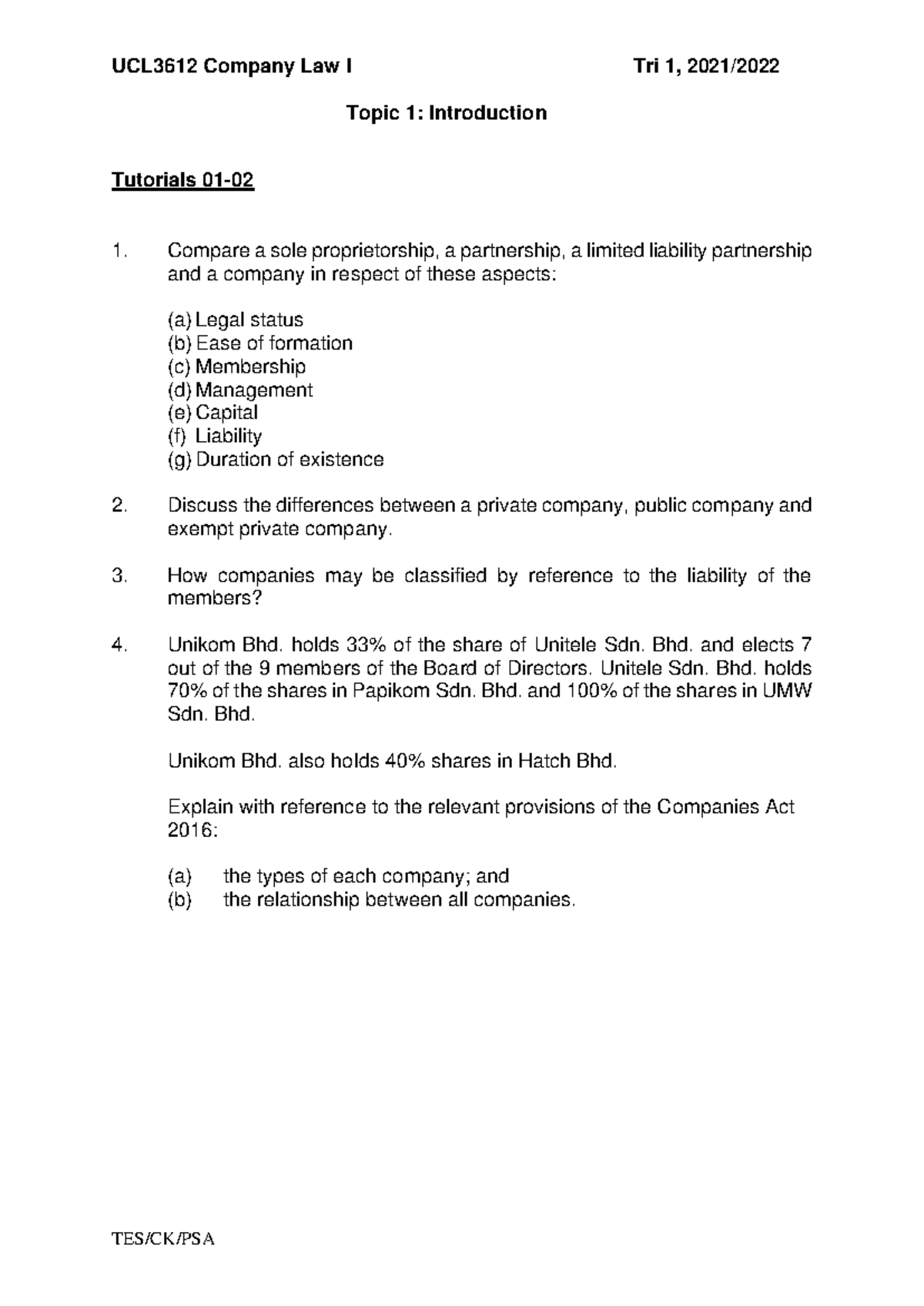 Tutorial 1 company business questions tutorial - UCL3612 Company Law I ...