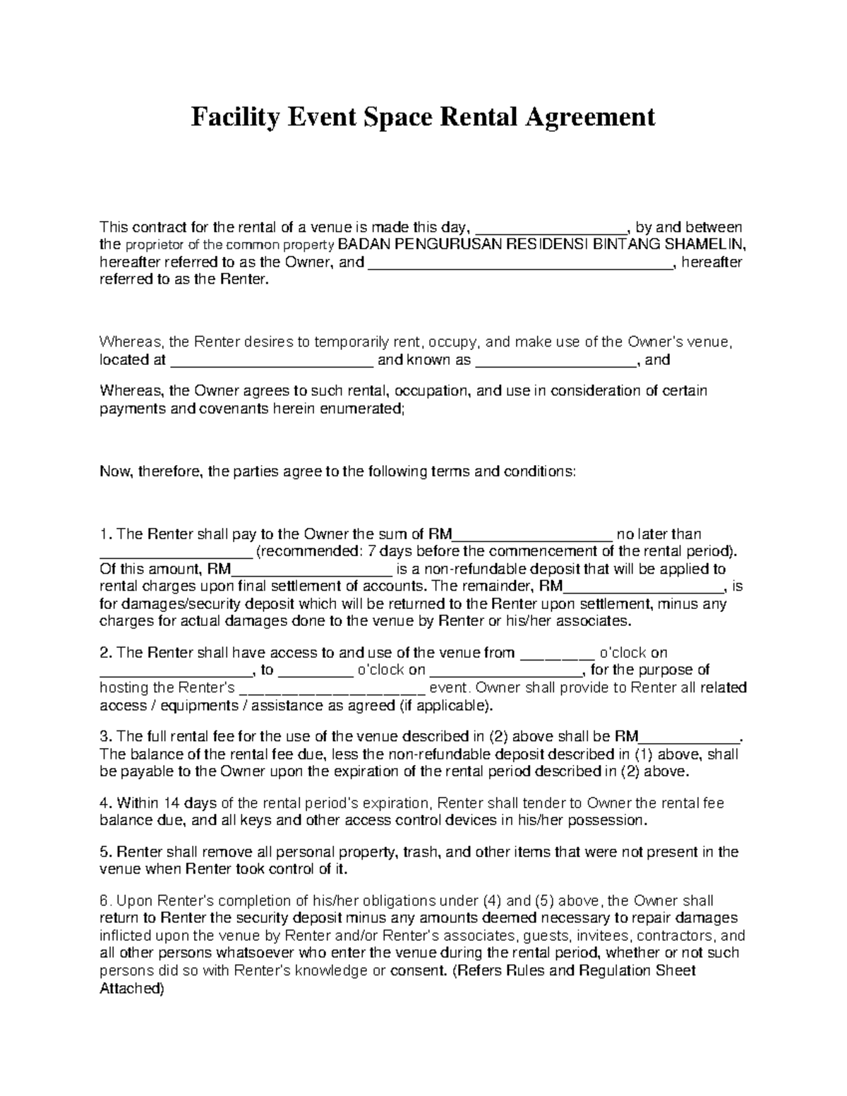 Event Space Rental Agreement Template
