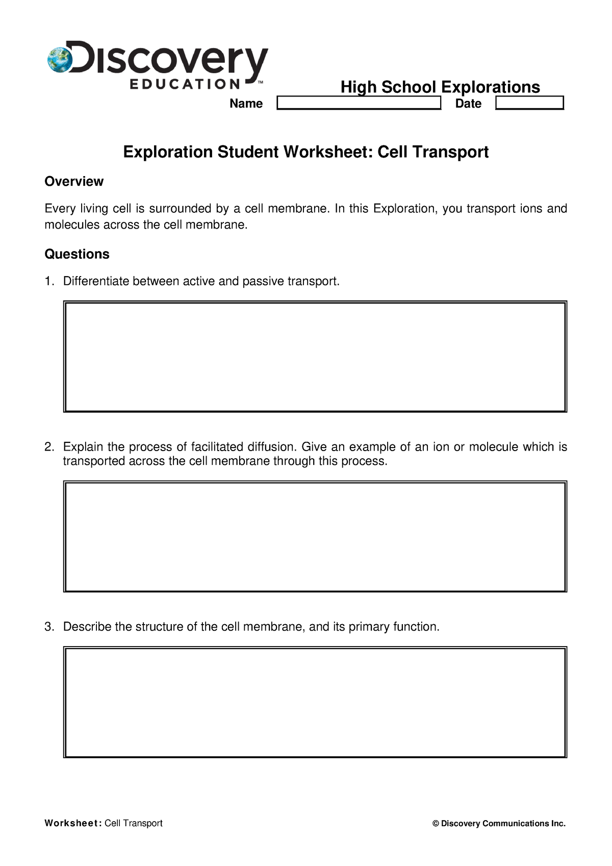 Exploration Student Worksheet High School Explorations Name