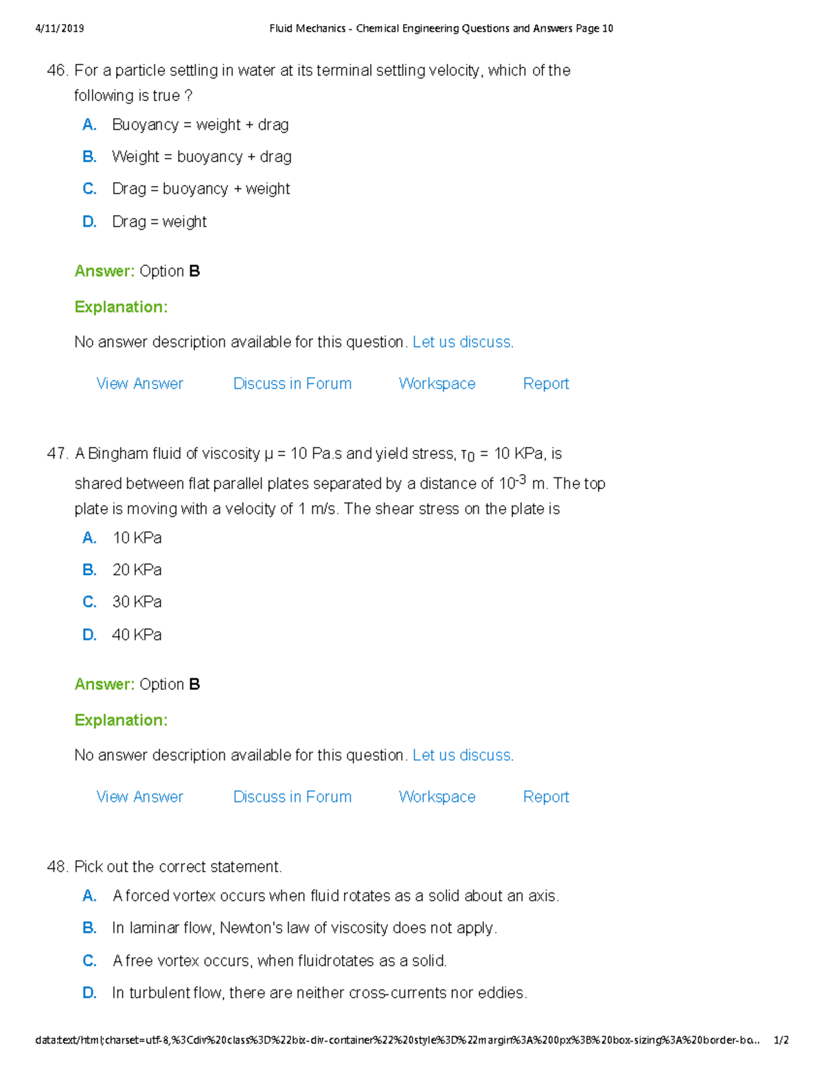 Fluid Mechanics - Chemical Engineering Questions and Answers Page 10 ...