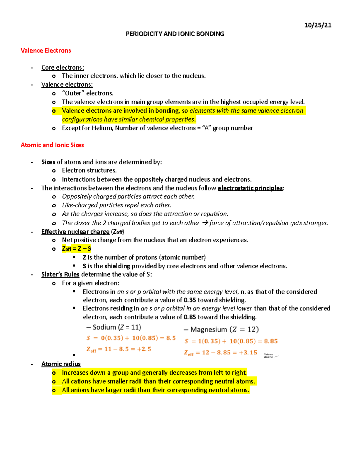 Chem - ch 9 - notes - 10/25/ PERIODICITY AND IONIC BONDING Valence ...