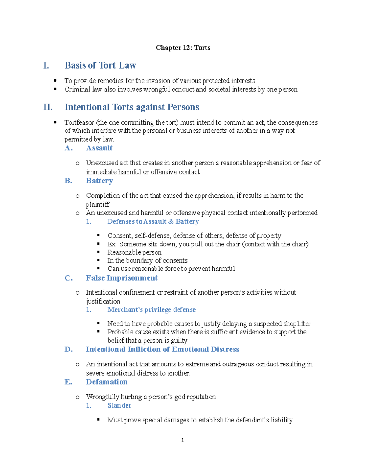 Chapter 12 - Chapter 12: Torts I. Basis Of Tort Law II. To Provide ...