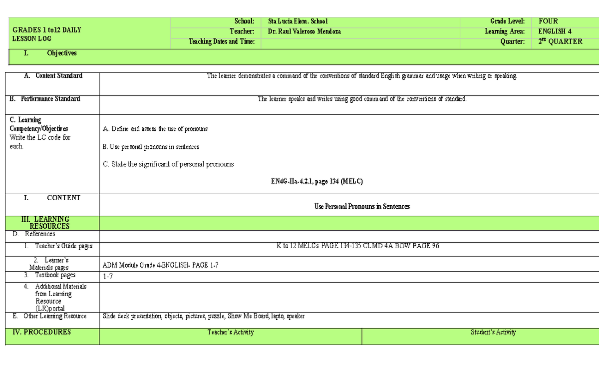 DLP-in-English - GRADES 1 to12 DAILY LESSON LOG School: Sta Lucia Elem ...
