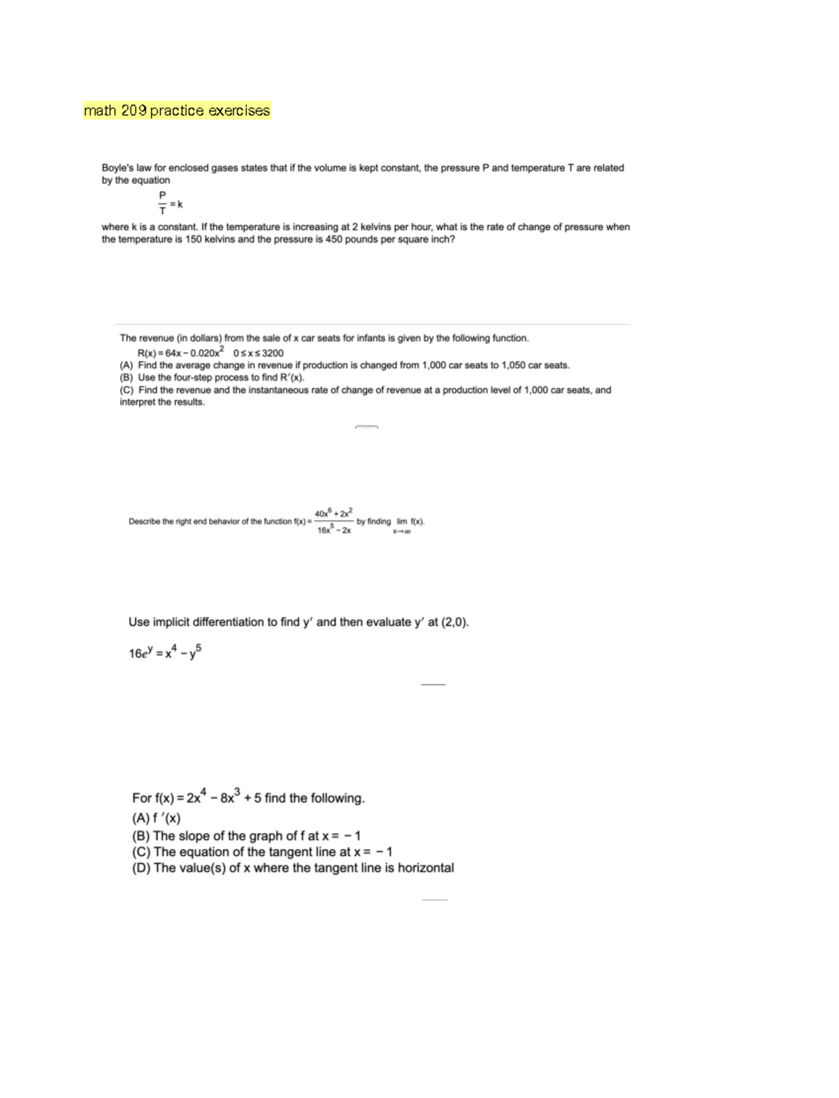 Math 209 Practice Ex 1 - Additional Math 209 Exercises - MATH 209 ...