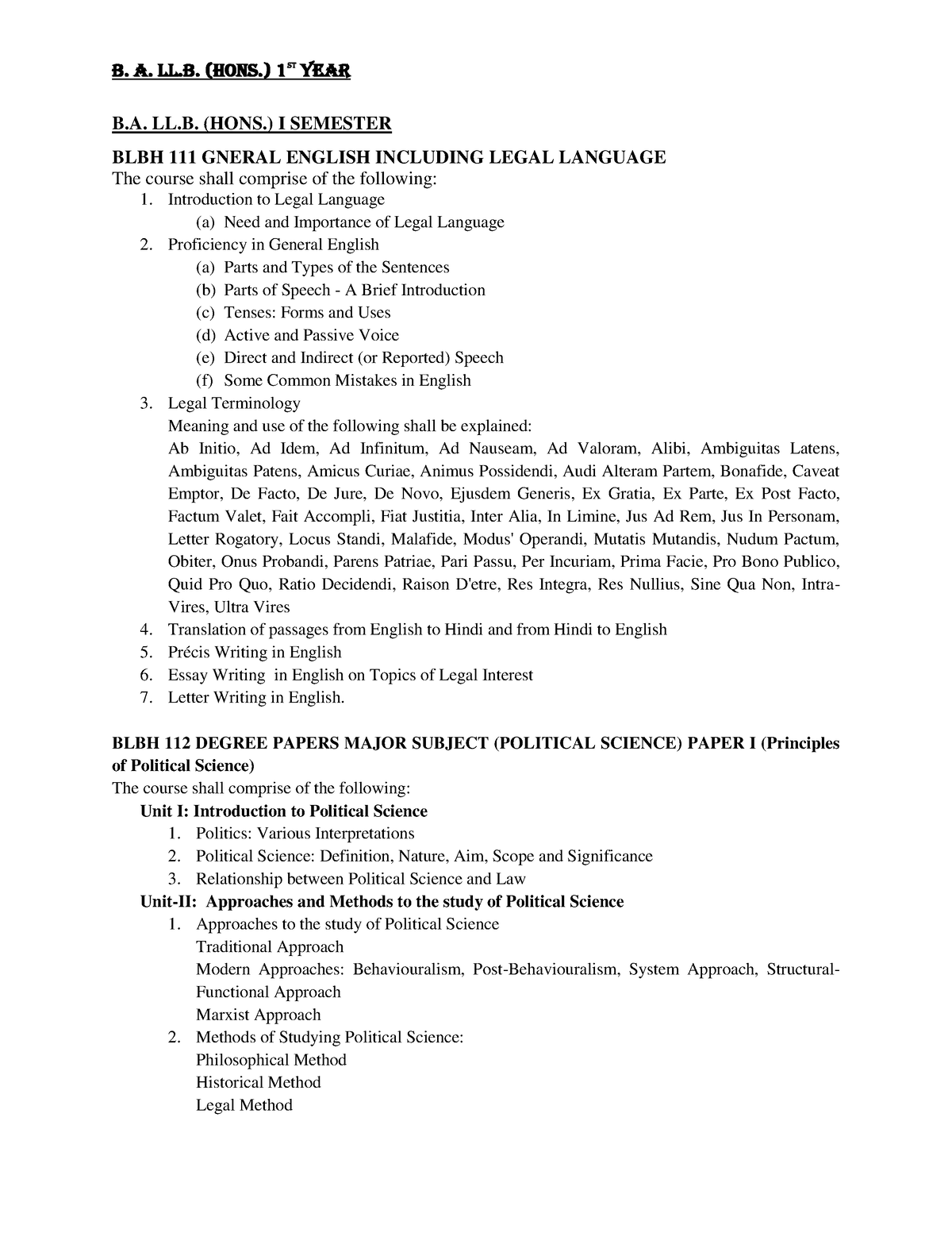 B. A. LL.B. (Hons.) 1st Year Syllabus - B. LL. (HONS.) I SEMESTER BLBH ...