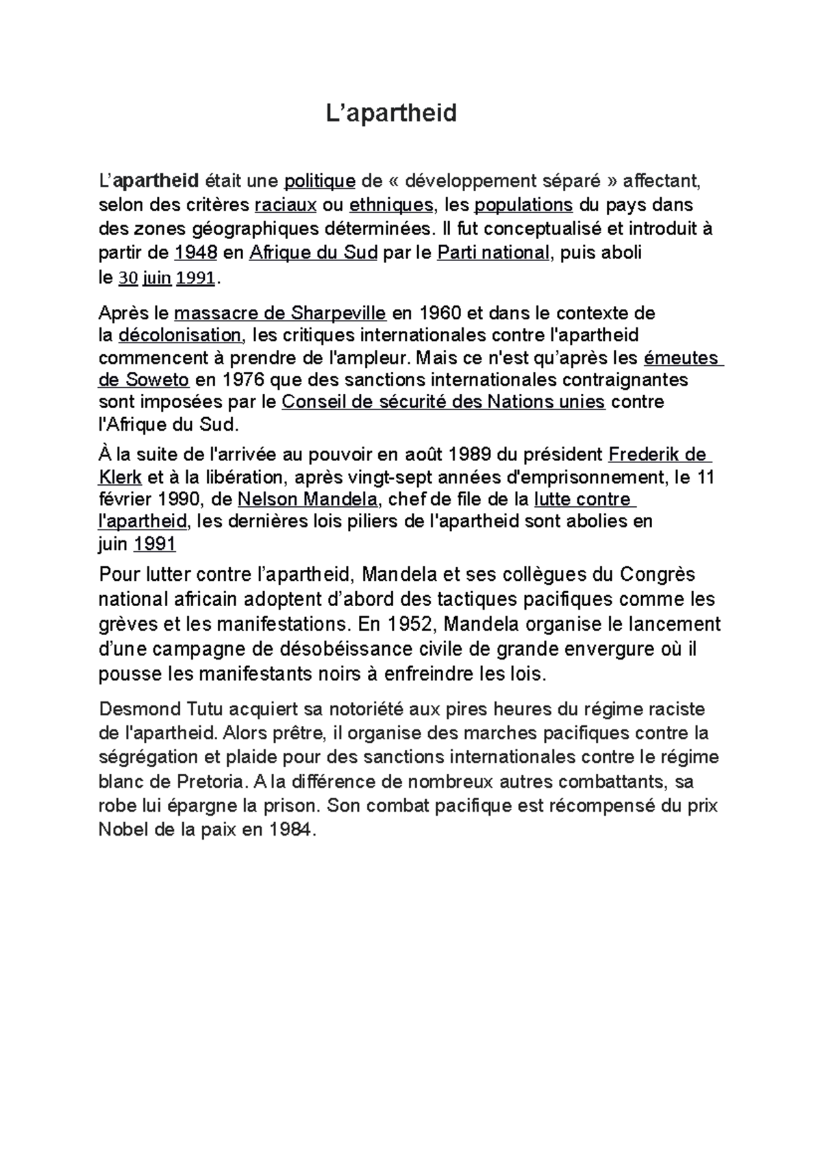 Apartheid - L’apartheid L’apartheid était une politique de ...