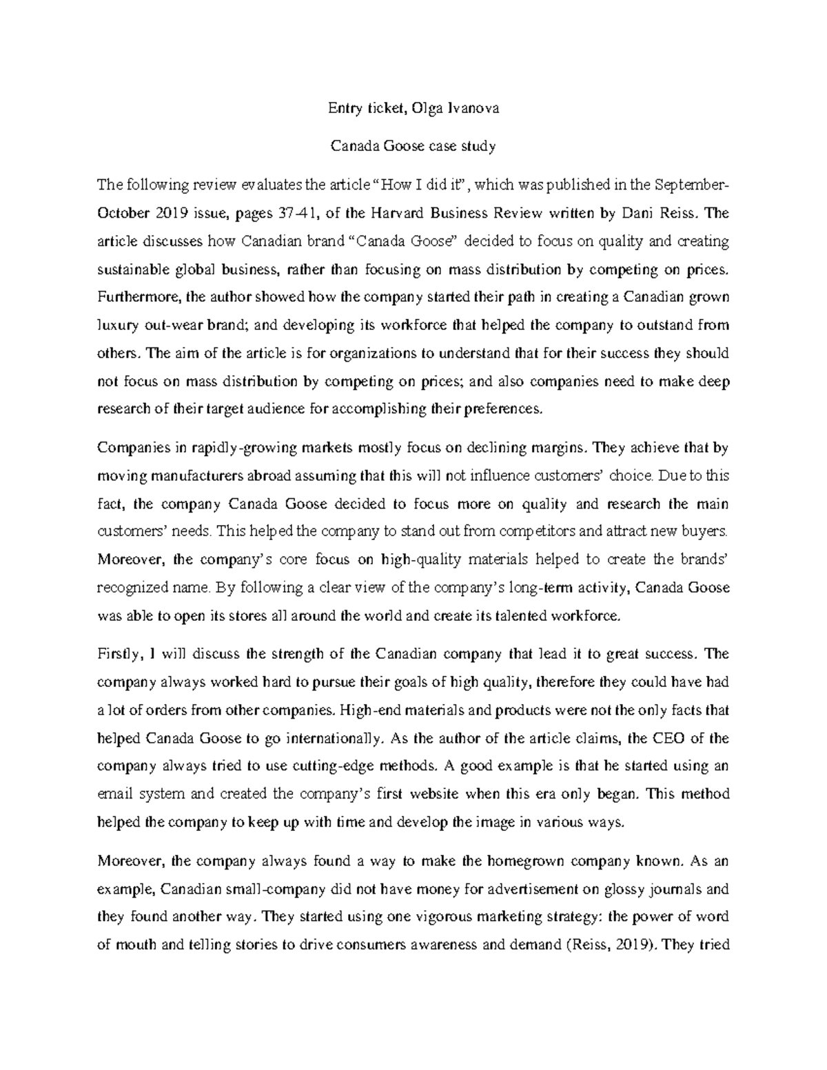 Entry ticket. Canada Goose case analysis - Entry ticket, Olga Ivanova