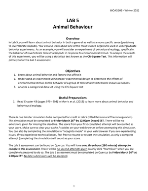 BIOA02 Lab 5 - Animal Behaviour Instructions S2021 - LAB 5 Animal Behaviour  Overview In Lab 5, you - Studocu
