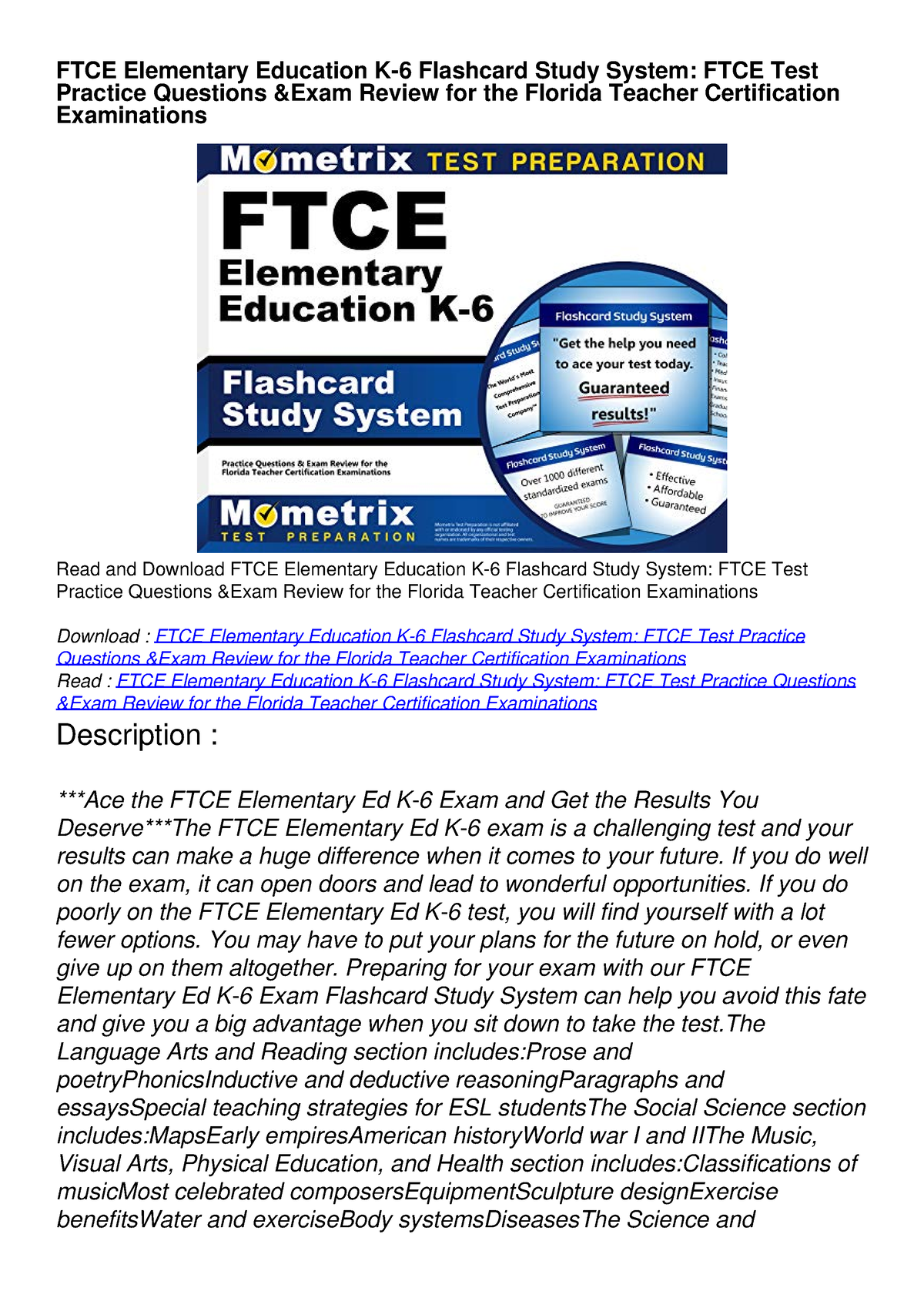 Get [PDF] Download FTCE Elementary Education K-6 Flashcard Study System ...