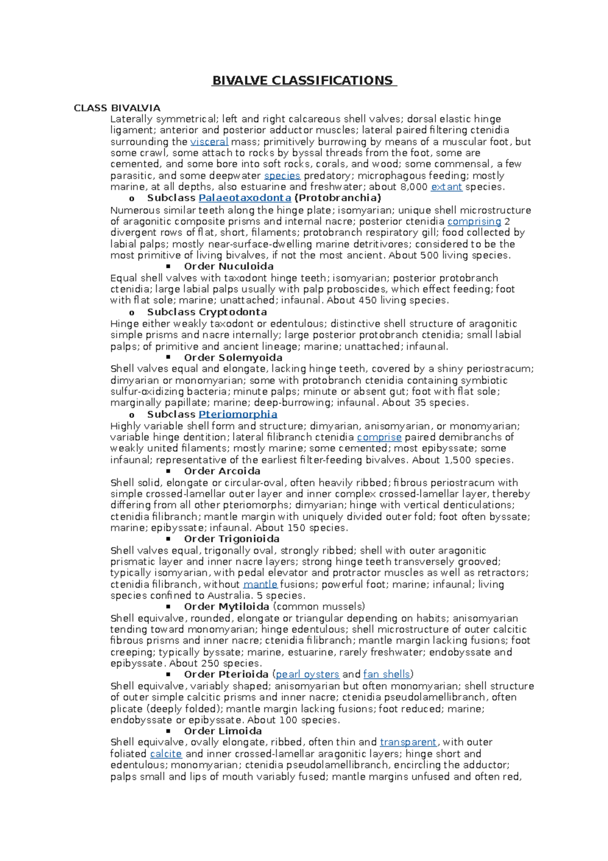 Bivalve classifications - BIVALVE CLASSIFICATIONS CLASS BIVALVIA ...