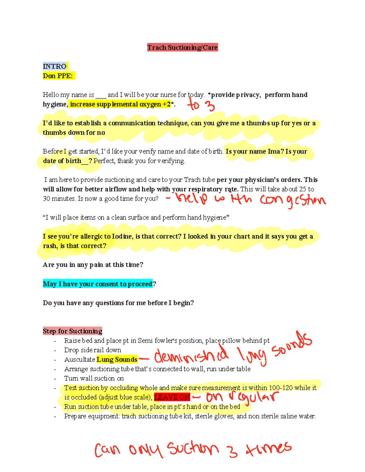Care 2 - script - Trach Suctioning/Care INTRO Don PPE: Hello my name is ...