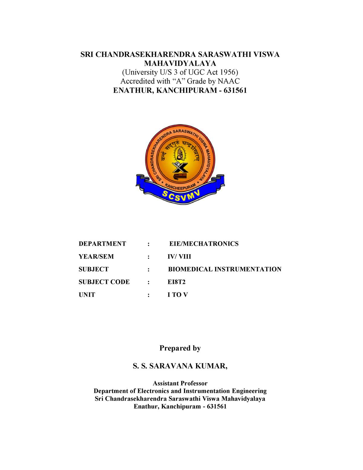 Biomedical instrumentation - SRI CHANDRASEKHARENDRA SARASWATHI VISWA ...